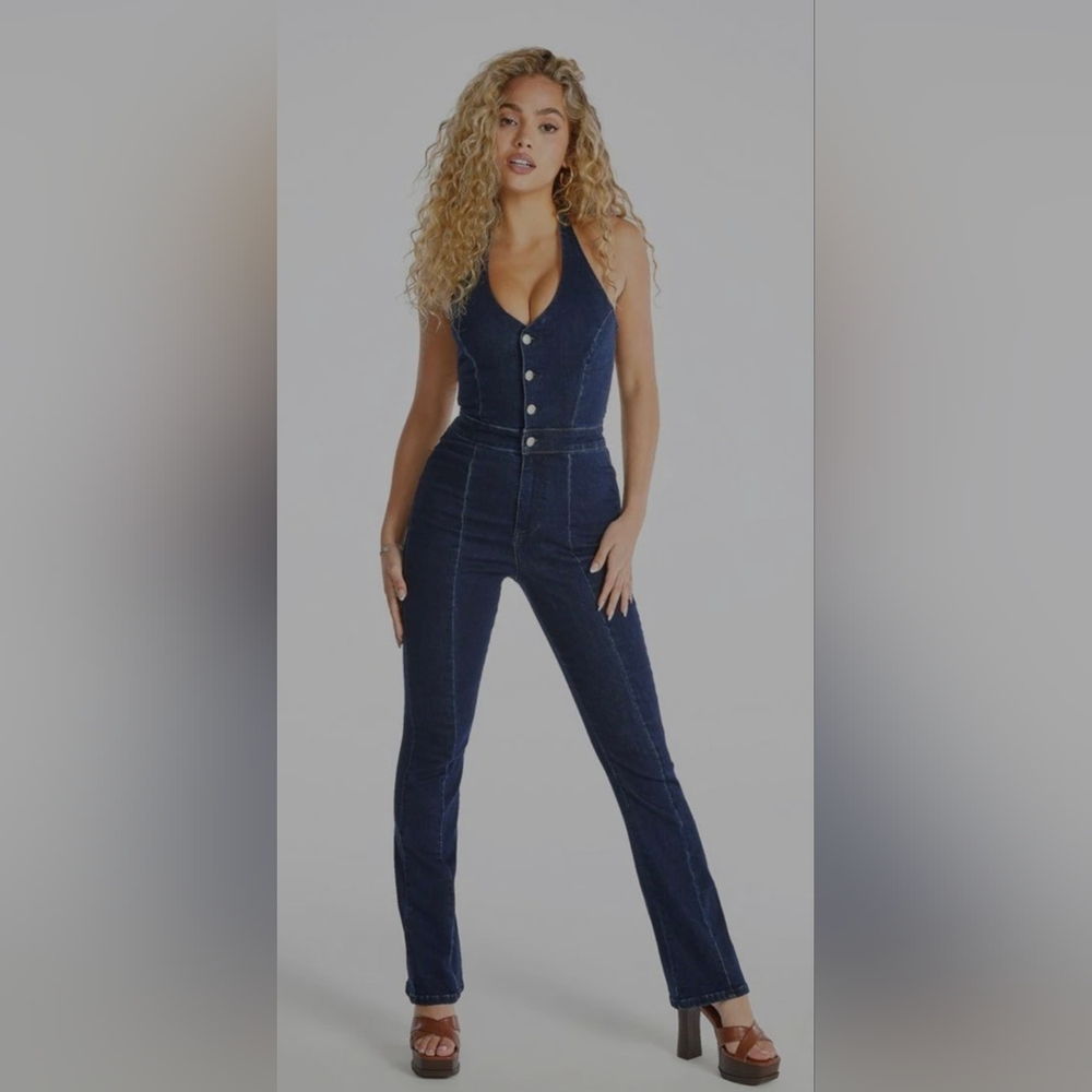NEW Denim Pantsuit With Halter Top